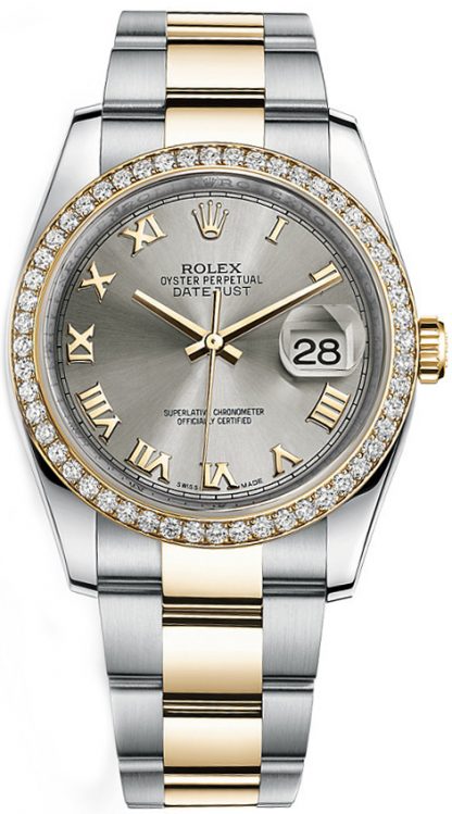 repliche Orologio Rolex Datejust 36 Oystersteel e lunetta in oro giallo con diamanti 116243