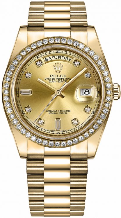 repliche Orologio Rolex Day-Date 41 con quadrante in oro con diamanti champagne 218348