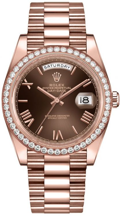 repliche Orologio da uomo Rolex Day-Date 40 quadrante color cioccolato con castone di diamanti da uomo 228345RBR